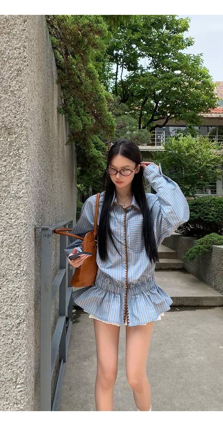 스트라이프 셔틀 제직 조개 자수 참나무 늑골 하나 한 부서 품격 캐주얼 배색 스트라이프 긴팔 셔츠 허리 수축 맨위 상세 이미지 15