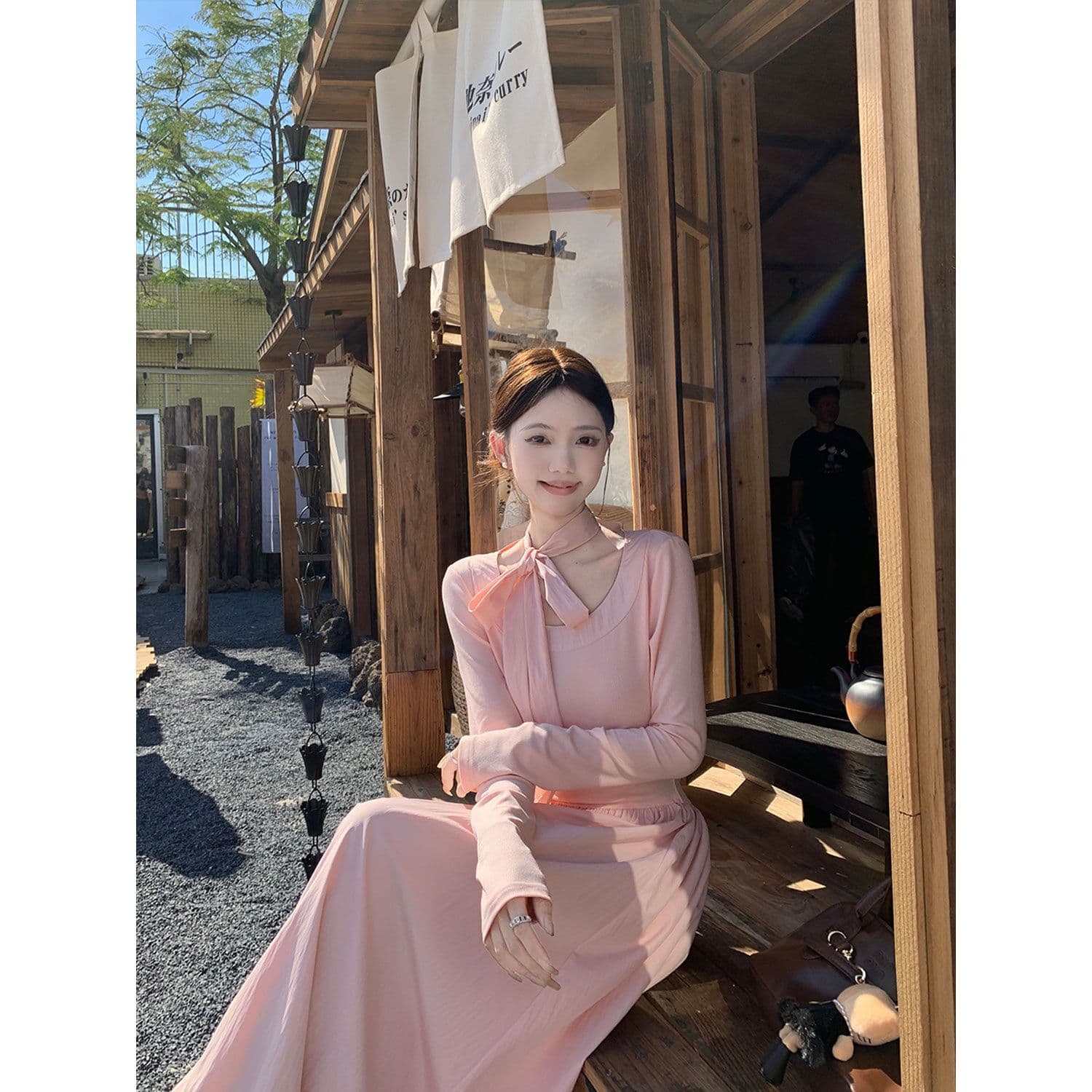 260 그램 사람들 면 리브 네리 백킹지 프랑스식 나비 넥타이 긴팔 분말 A라인 스커트 롱 스커트 이미지 3