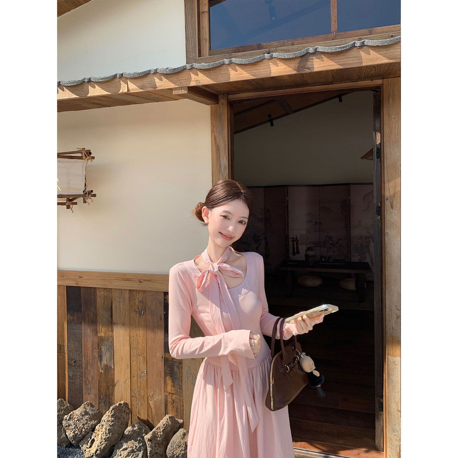 260 그램 사람들 면 리브 네리 백킹지 프랑스식 나비 넥타이 긴팔 분말 A라인 스커트 롱 스커트 이미지 2