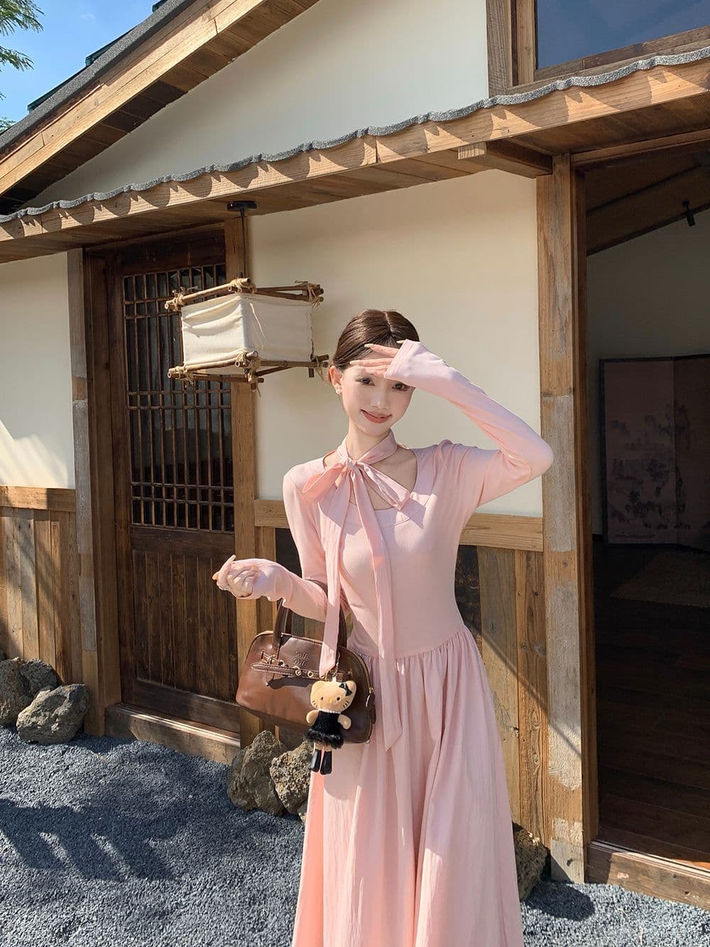260 그램 사람들 면 리브 네리 백킹지 프랑스식 나비 넥타이 긴팔 분말 A라인 스커트 롱 스커트 상세 이미지 3
