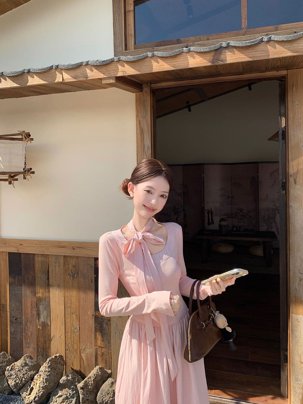 260 그램 사람들 면 리브 네리 백킹지 프랑스식 나비 넥타이 긴팔 분말 A라인 스커트 롱 스커트 상세 이미지 4