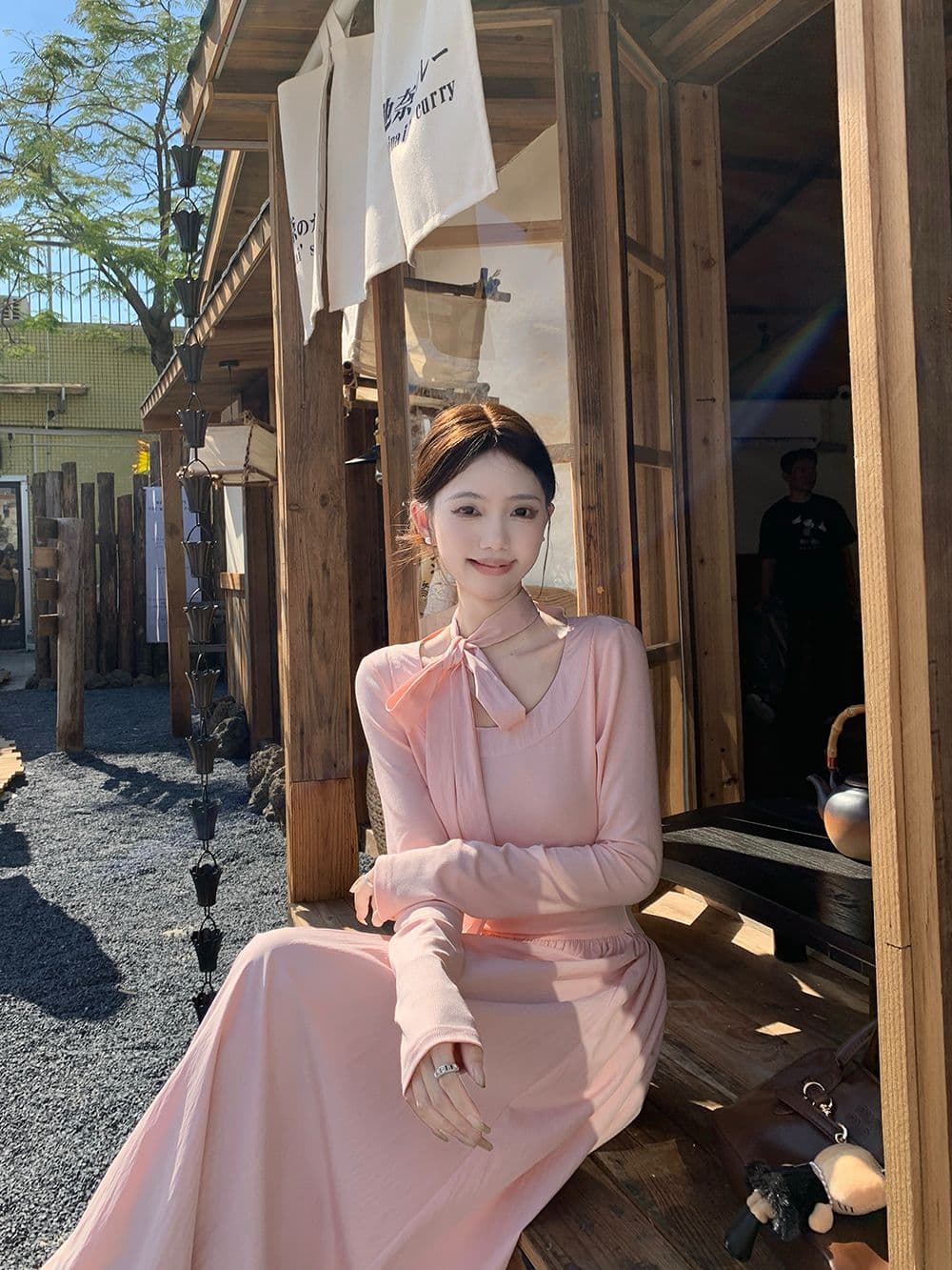 260 그램 사람들 면 리브 네리 백킹지 프랑스식 나비 넥타이 긴팔 분말 A라인 스커트 롱 스커트 상세 이미지 5