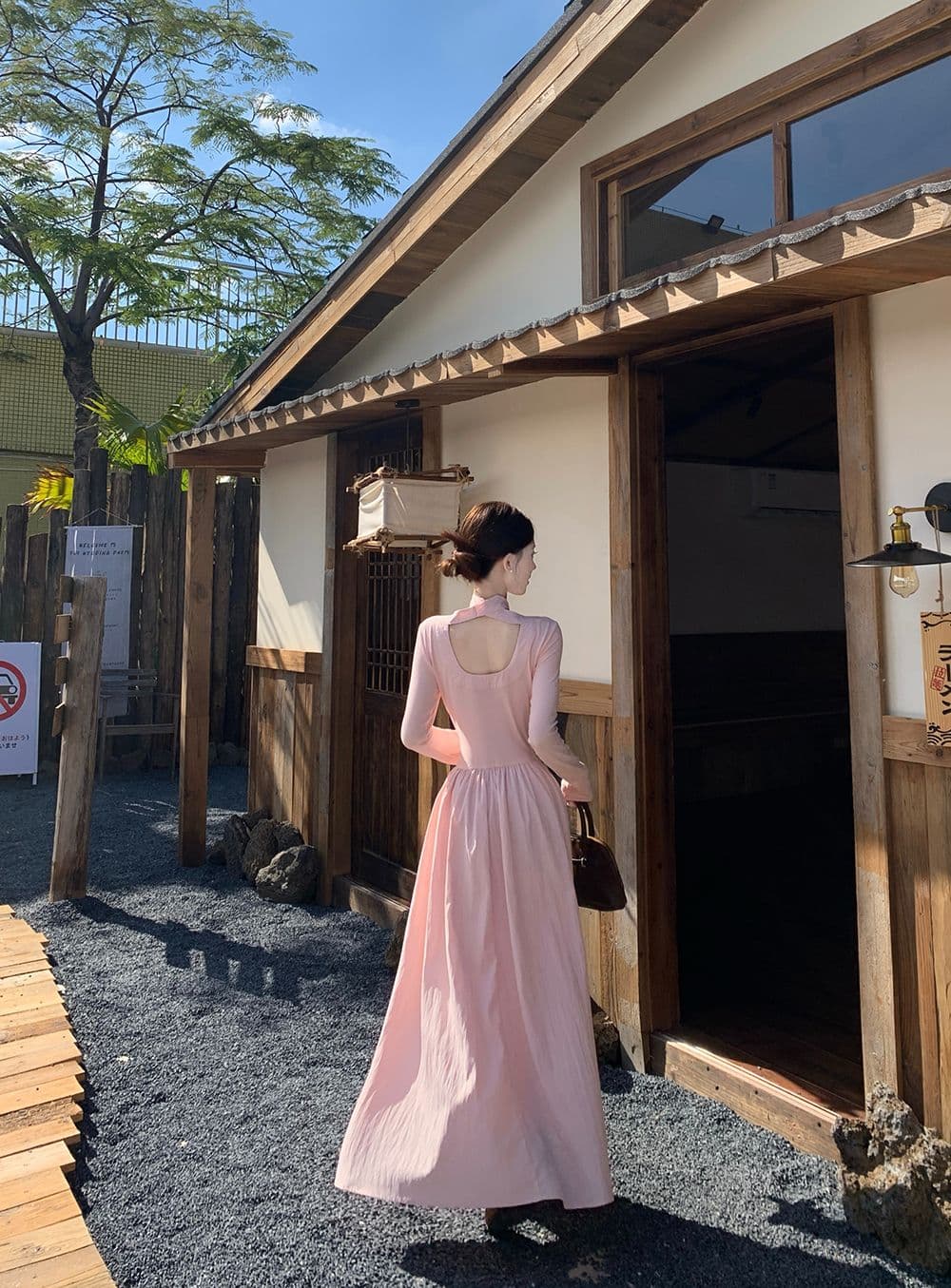 260 그램 사람들 면 리브 네리 백킹지 프랑스식 나비 넥타이 긴팔 분말 A라인 스커트 롱 스커트 상세 이미지 6