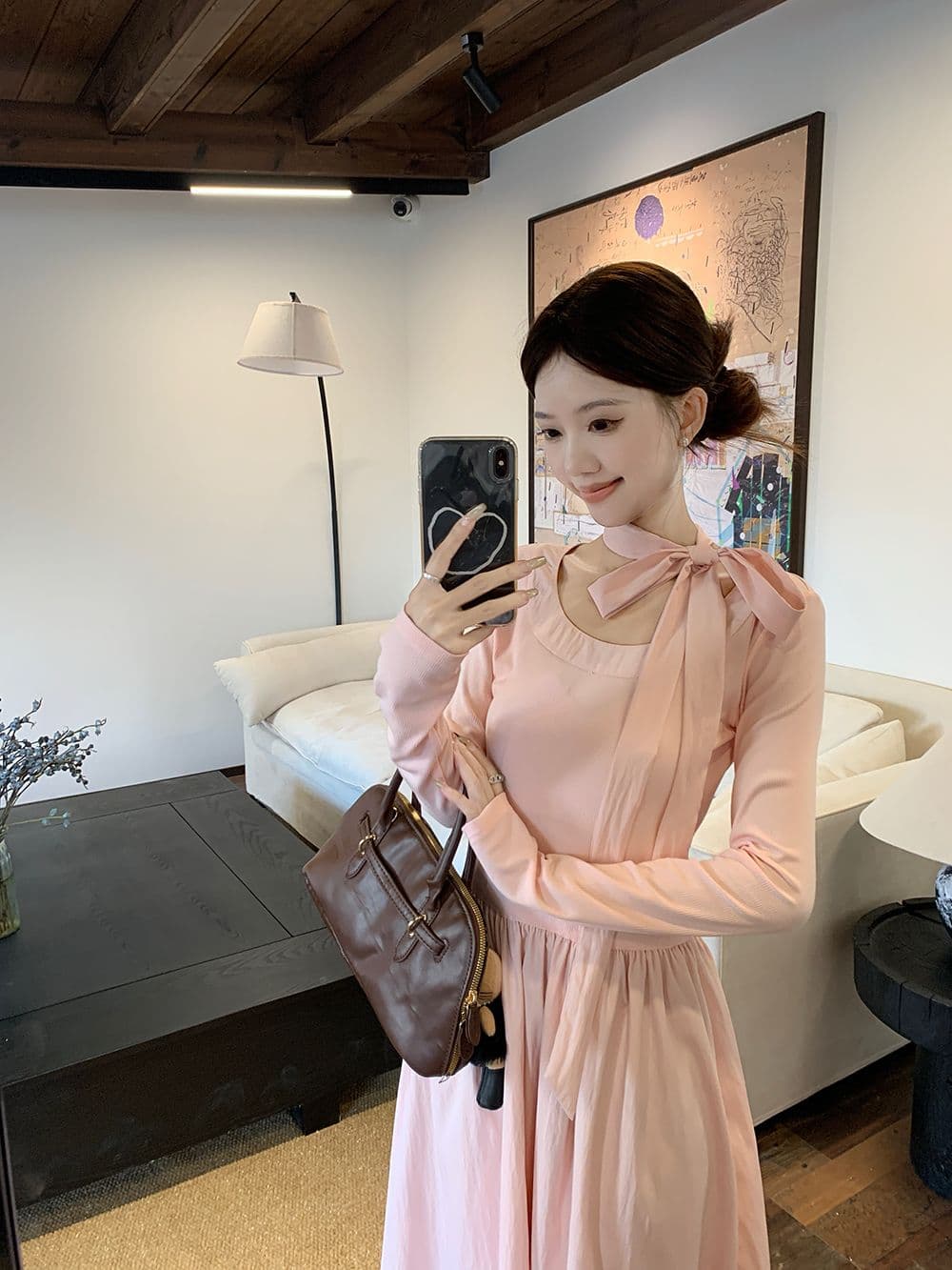 260 그램 사람들 면 리브 네리 백킹지 프랑스식 나비 넥타이 긴팔 분말 A라인 스커트 롱 스커트 상세 이미지 7
