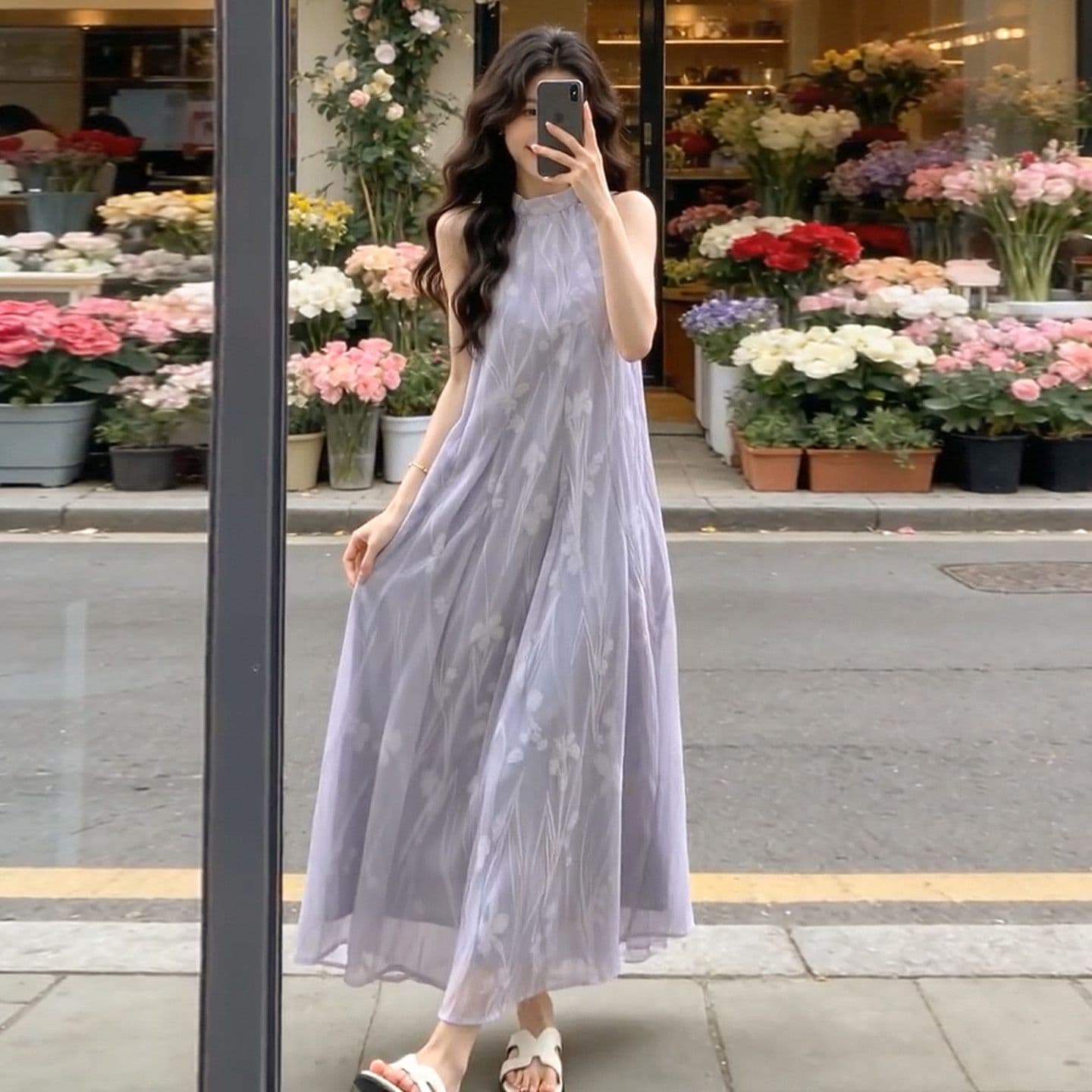 쉬폰 프린트 네리 국풍 행침 목 민소매 드레스 분위기 센스 꽃무늬 프린트 도루 가을 큰 진자 롱 스커트 이미지 3