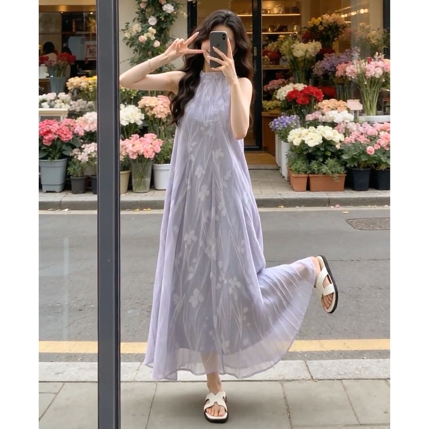 쉬폰 프린트 네리 국풍 행침 목 민소매 드레스 분위기 센스 꽃무늬 프린트 도루 가을 큰 진자 롱 스커트 이미지 4