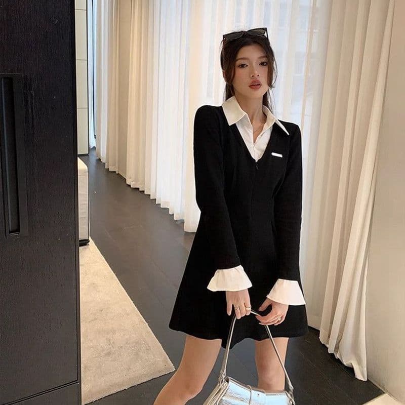 프랑스식 POLO 칼라 페이크 레이어드 긴팔 여성 드레스 가을 새로운 치마 지방 mm 표지 배 슬림해 보이는 검정색 롱 스커트 이미지 4