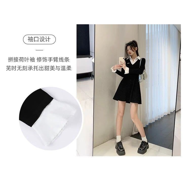 프랑스식 POLO 칼라 페이크 레이어드 긴팔 여성 드레스 가을 새로운 치마 지방 mm 표지 배 슬림해 보이는 검정색 롱 스커트 상세 이미지 5