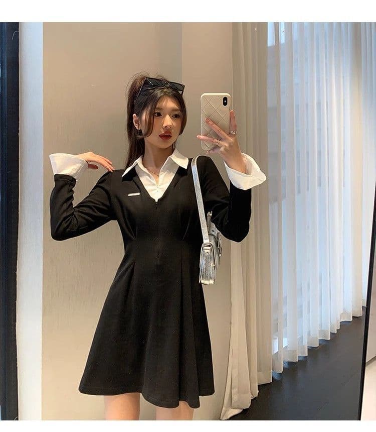 프랑스식 POLO 칼라 페이크 레이어드 긴팔 여성 드레스 가을 새로운 치마 지방 mm 표지 배 슬림해 보이는 검정색 롱 스커트 상세 이미지 8
