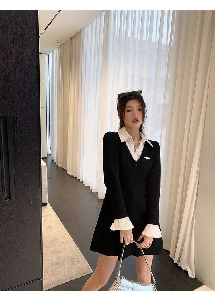 프랑스식 POLO 칼라 페이크 레이어드 긴팔 여성 드레스 가을 새로운 치마 지방 mm 표지 배 슬림해 보이는 검정색 롱 스커트 상세 이미지 11