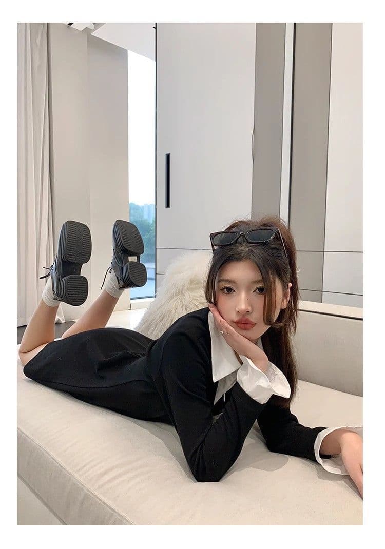 프랑스식 POLO 칼라 페이크 레이어드 긴팔 여성 드레스 가을 새로운 치마 지방 mm 표지 배 슬림해 보이는 검정색 롱 스커트 상세 이미지 16