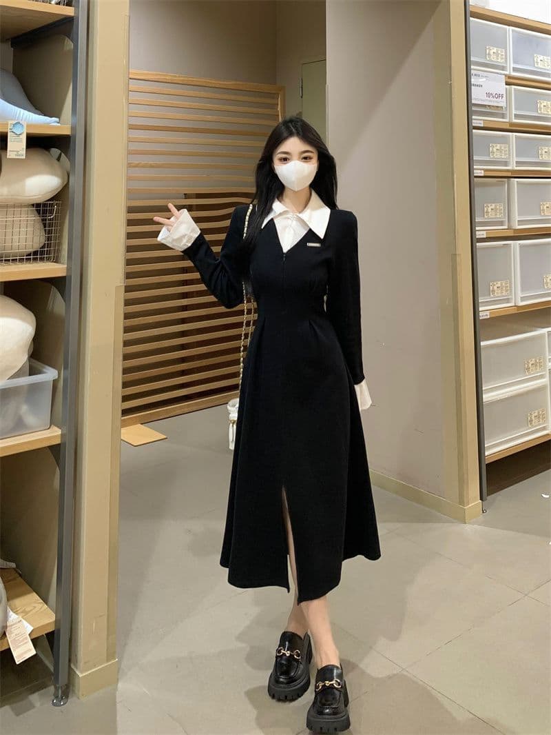 프랑스식 POLO 칼라 페이크 레이어드 긴팔 여성 드레스 가을 새로운 치마 지방 mm 표지 배 슬림해 보이는 검정색 롱 스커트 상세 이미지 18