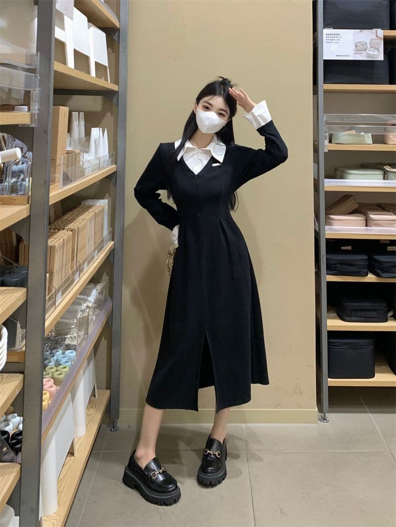 프랑스식 POLO 칼라 페이크 레이어드 긴팔 여성 드레스 가을 새로운 치마 지방 mm 표지 배 슬림해 보이는 검정색 롱 스커트 상세 이미지 19