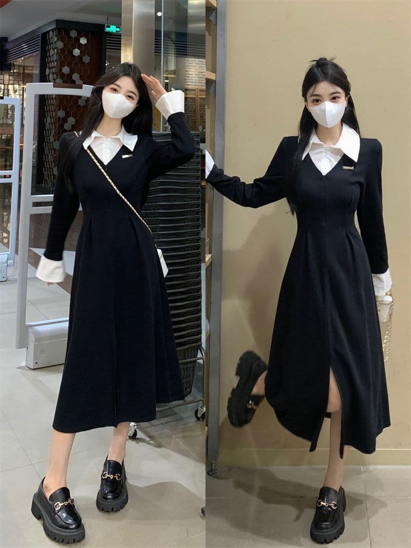프랑스식 POLO 칼라 페이크 레이어드 긴팔 여성 드레스 가을 새로운 치마 지방 mm 표지 배 슬림해 보이는 검정색 롱 스커트 상세 이미지 21