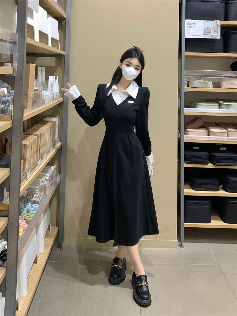 프랑스식 POLO 칼라 페이크 레이어드 긴팔 여성 드레스 가을 새로운 치마 지방 mm 표지 배 슬림해 보이는 검정색 롱 스커트 상세 이미지 22