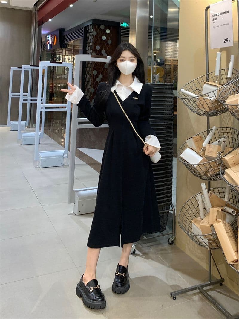 프랑스식 POLO 칼라 페이크 레이어드 긴팔 여성 드레스 가을 새로운 치마 지방 mm 표지 배 슬림해 보이는 검정색 롱 스커트 상세 이미지 23