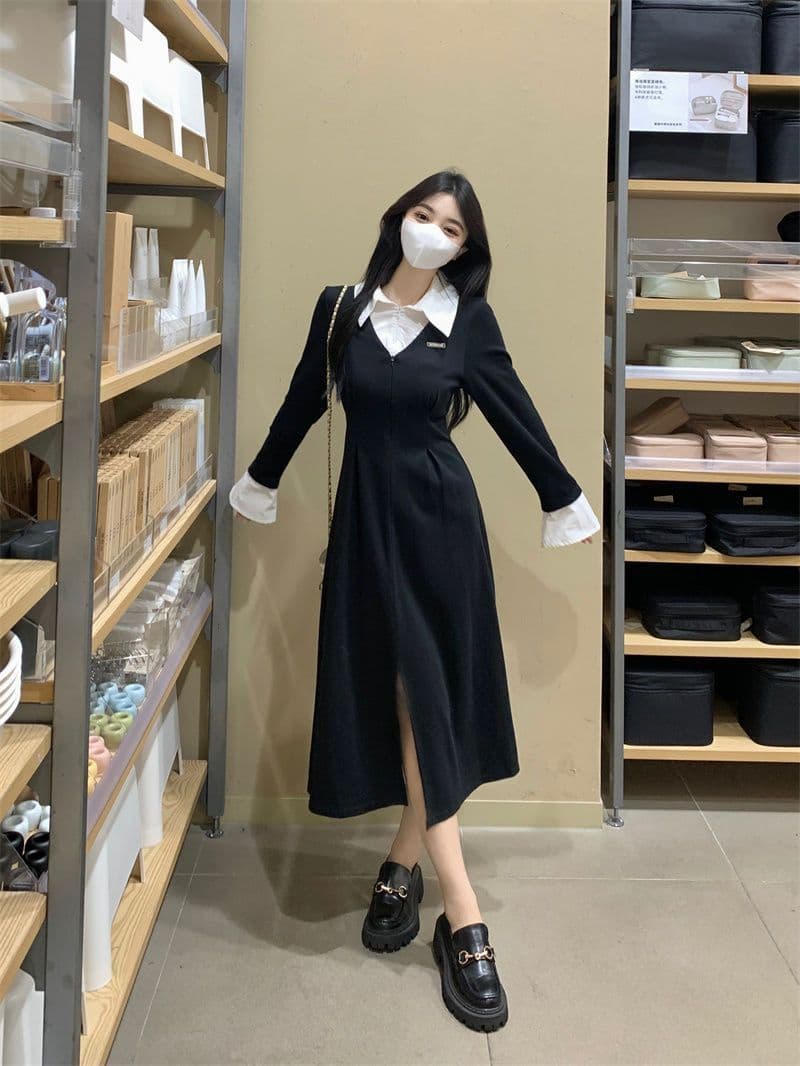 프랑스식 POLO 칼라 페이크 레이어드 긴팔 여성 드레스 가을 새로운 치마 지방 mm 표지 배 슬림해 보이는 검정색 롱 스커트 상세 이미지 24