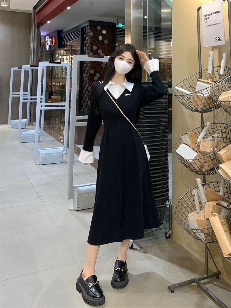프랑스식 POLO 칼라 페이크 레이어드 긴팔 여성 드레스 가을 새로운 치마 지방 mm 표지 배 슬림해 보이는 검정색 롱 스커트 상세 이미지 25