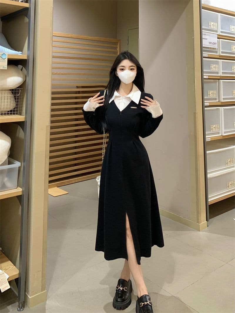 프랑스식 POLO 칼라 페이크 레이어드 긴팔 여성 드레스 가을 새로운 치마 지방 mm 표지 배 슬림해 보이는 검정색 롱 스커트 상세 이미지 26