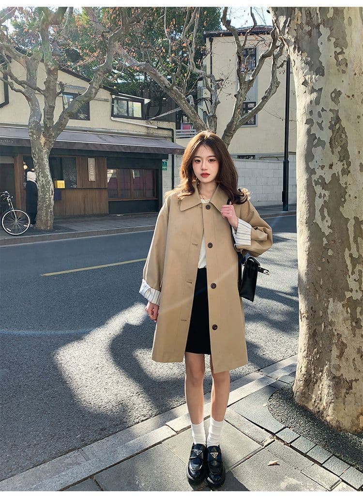 원본 것 카키 색 한 부서 바람막이 여성 코트 봄 가을 올해 인기 캐주얼 바람 작은 키 도루 센스 맨위 상세 이미지 12
