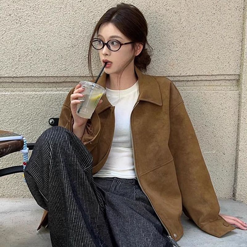 원본 것 새로운 레트로 스웨이드 원단 여성 코트 가을 겨울철 루즈핏 폴로 칼라 캐주얼 오토바이 재킷 맨위 이미지 5