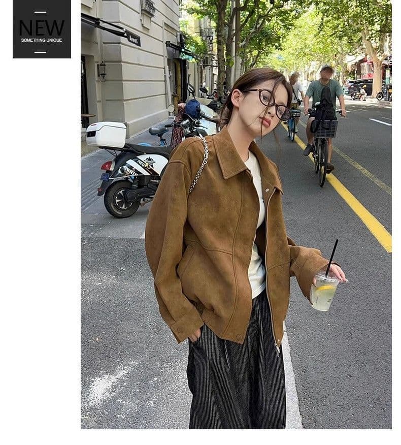 원본 것 새로운 레트로 스웨이드 원단 여성 코트 가을 겨울철 루즈핏 폴로 칼라 캐주얼 오토바이 재킷 맨위 상세 이미지 4