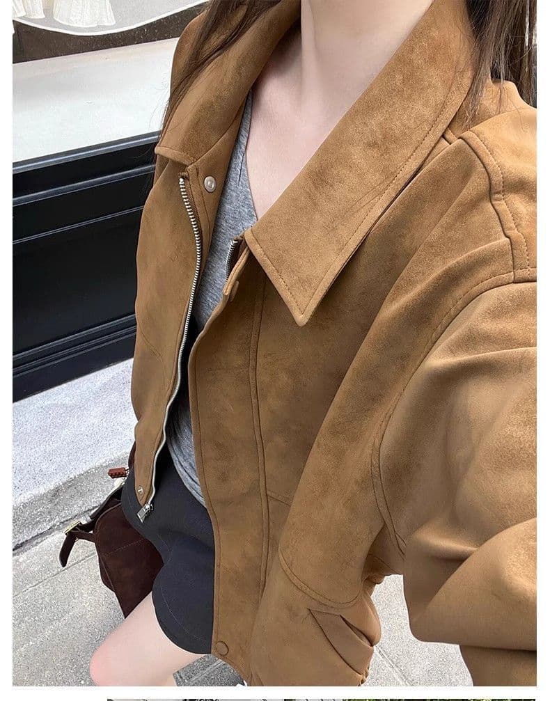 원본 것 새로운 레트로 스웨이드 원단 여성 코트 가을 겨울철 루즈핏 폴로 칼라 캐주얼 오토바이 재킷 맨위 상세 이미지 5