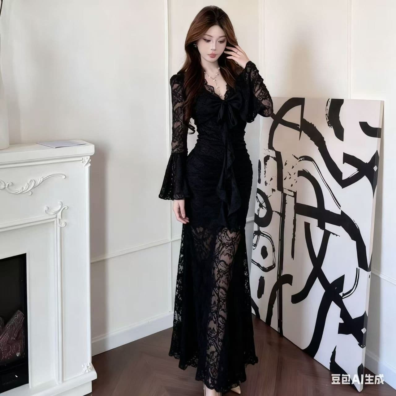 프랑스식 품격 고급 센스 슈퍼 잘 생긴 레이스 여성 드레스 2026 가을 핫걸 슈퍼 요정 타이트 타이트 스커트 롱 스커트 상세 이미지 5
