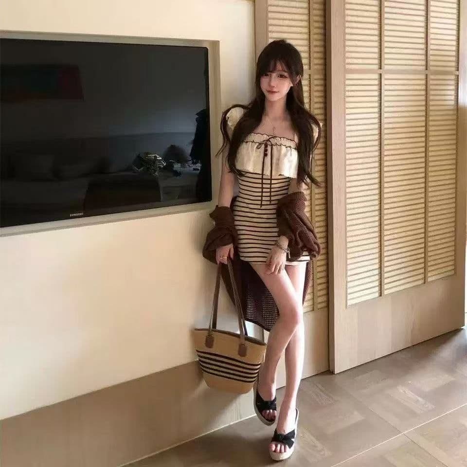 달콤함 순수한 욕망 바람 Feifei 소매 스트라이프 여성 드레스 여름 새로운 디자인 센스 작은 대중 허리 수축 타이트 스커트 짧은 치마 이미지 3