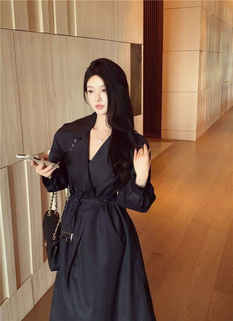 카키 색 빅 칼라 여성 코트 가을 2026 년 새로운 캐주얼 영국식 바람을 피우다 롱 코트 무릎 아래 바람막이 코트 상세 이미지 11