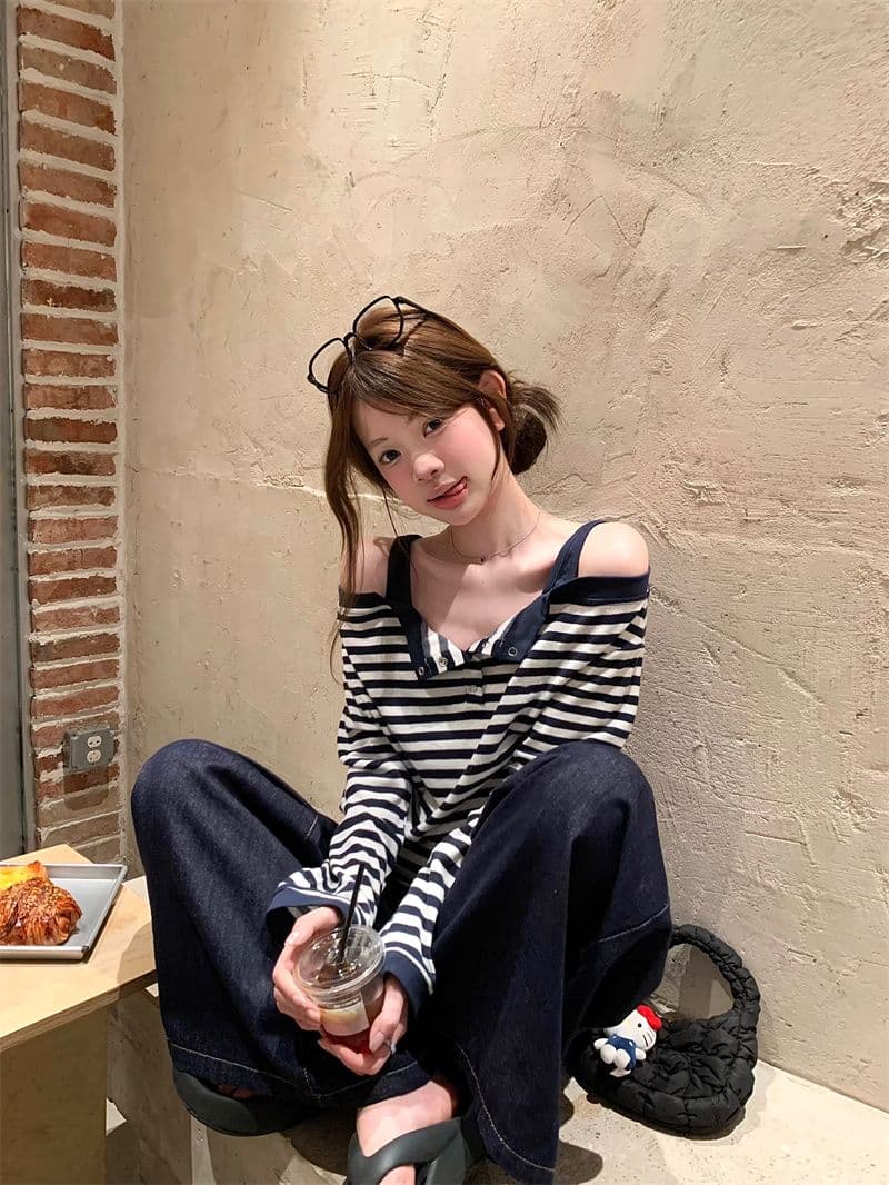 한 부서 스트라이프 페이크 레이어드 오프숄더 긴팔 티셔츠 여성 조기 가을 새로운 루즈핏 느긋한 달콤한 핫걸 맨위 상세 이미지 14