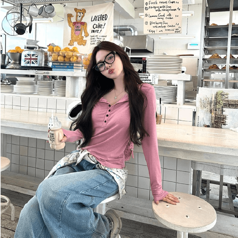 260 그램 사람들 면 품격 순수한 욕망 바람 반 개방 칼라 단색 티셔츠 새로운 몸매 가꾸기 다용도 긴팔 기본 셔츠