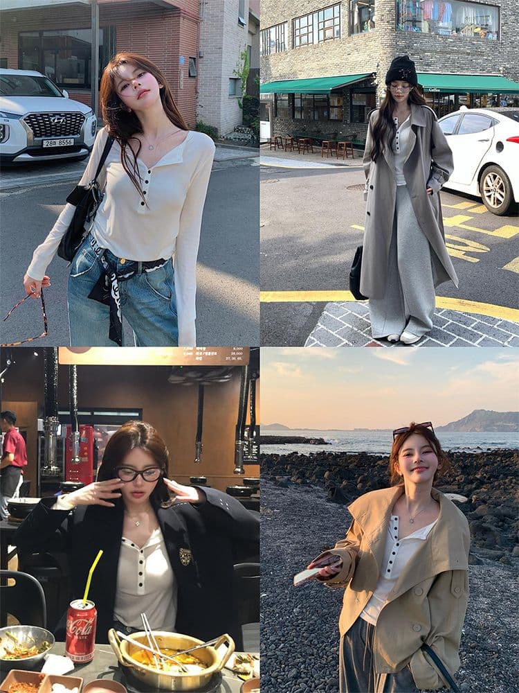 260 그램 사람들 면 품격 순수한 욕망 바람 반 개방 칼라 단색 티셔츠 새로운 몸매 가꾸기 다용도 긴팔 기본 셔츠 상세 이미지 3
