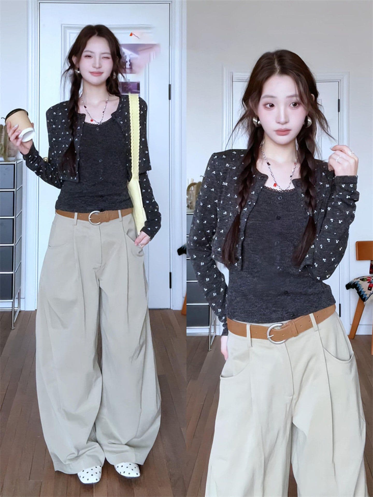 한 부서 꽃무늬 긴팔 오픈 가디건 투피스 조끼 여성 봄 가을 착용 가져 가라. 몸매 가꾸기 슬림해 보이는 자이언트 잘 생긴 아름다운 맨위 상세 이미지 2