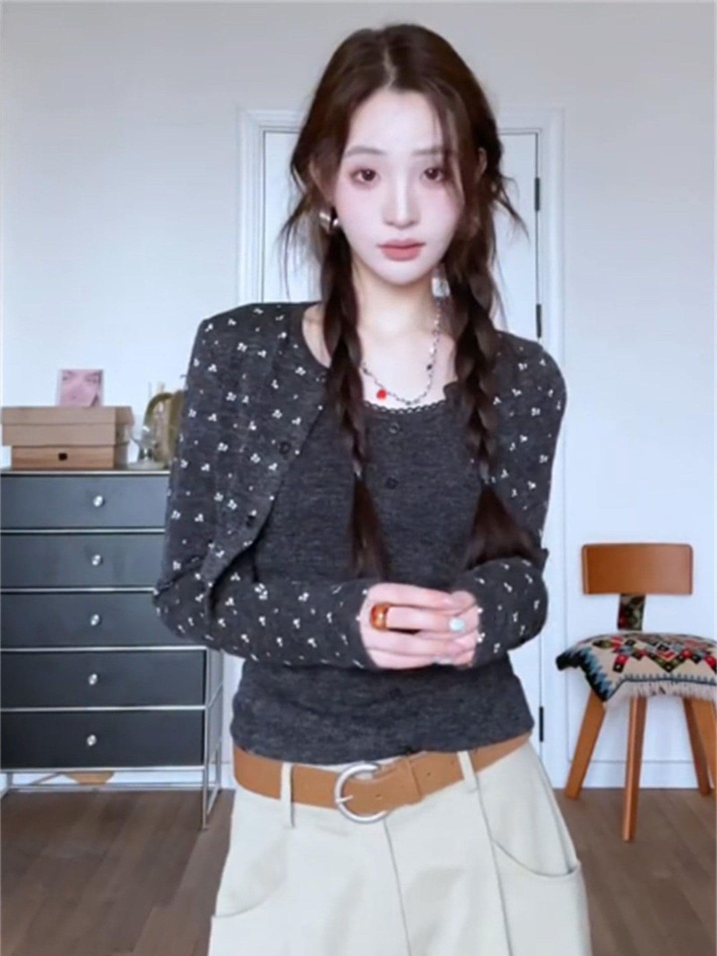 한 부서 꽃무늬 긴팔 오픈 가디건 투피스 조끼 여성 봄 가을 착용 가져 가라. 몸매 가꾸기 슬림해 보이는 자이언트 잘 생긴 아름다운 맨위 상세 이미지 6