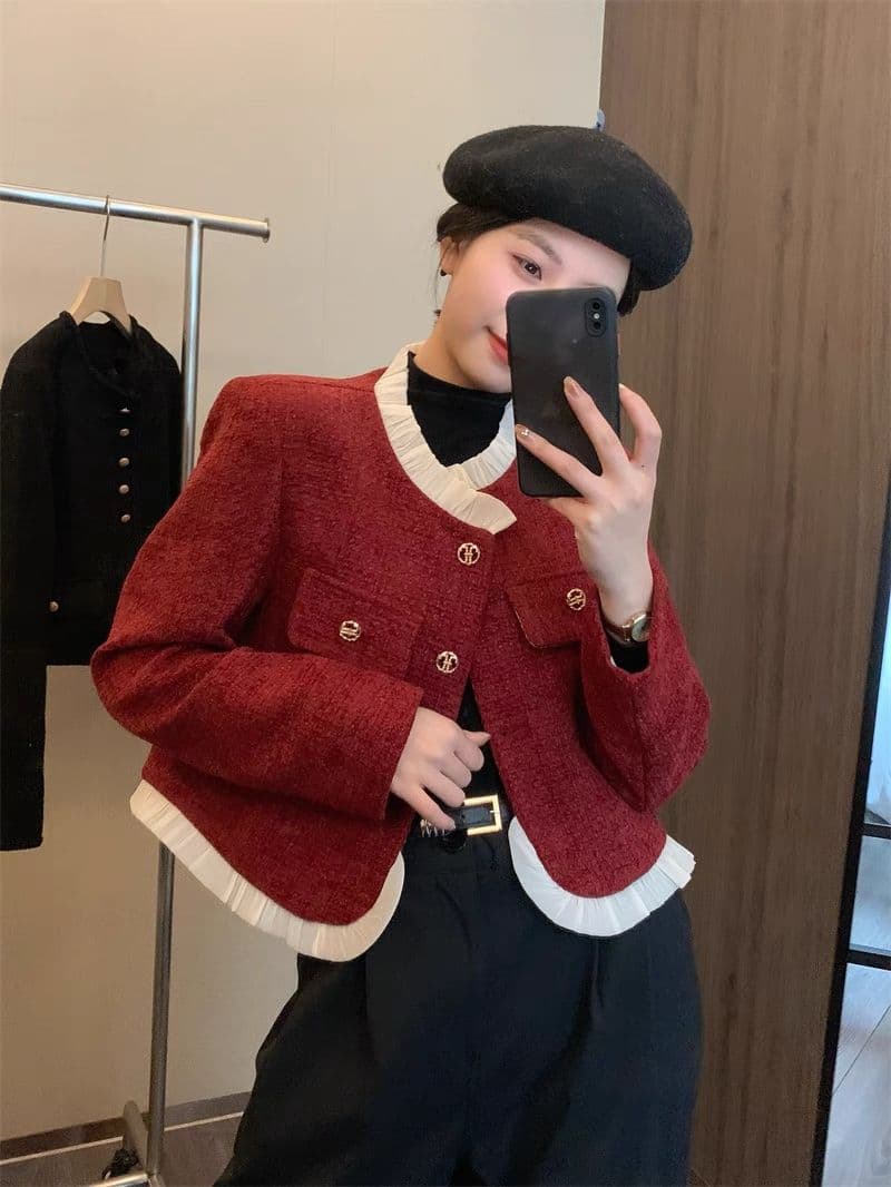 광저우 품질 프랑스식 작은 샤넬 스타일 품격 명문 여성 고급 센스 다용도 연령 감소 슬림해 보이는 검정색 짧은 여성 코트 이미지 4