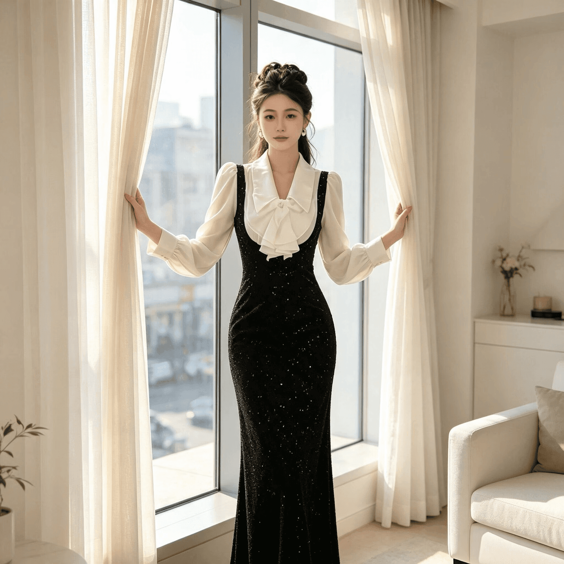 광저우 품질 페이크 레이어드 셔츠 칼라 슬림해 보이는 긴팔 검정색 드레스 작은 키 봄 가을 2026 상세 이미지 2