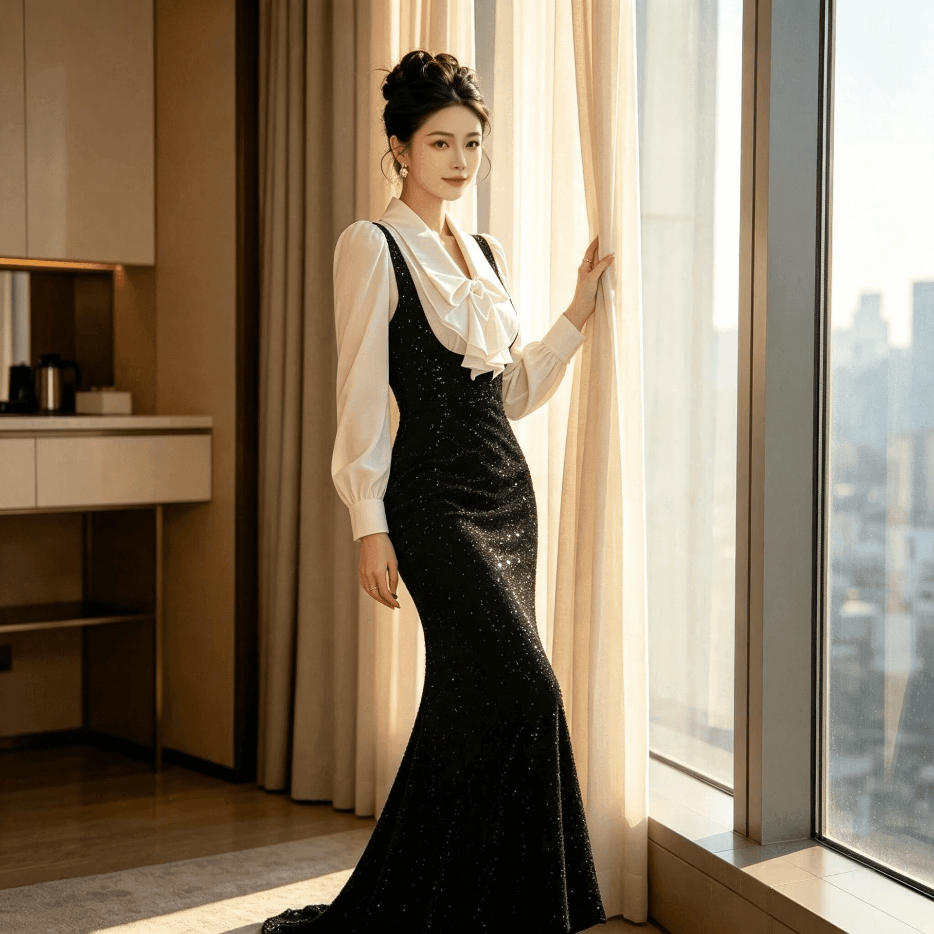 광저우 품질 페이크 레이어드 셔츠 칼라 슬림해 보이는 긴팔 검정색 드레스 작은 키 봄 가을 2026 상세 이미지 4