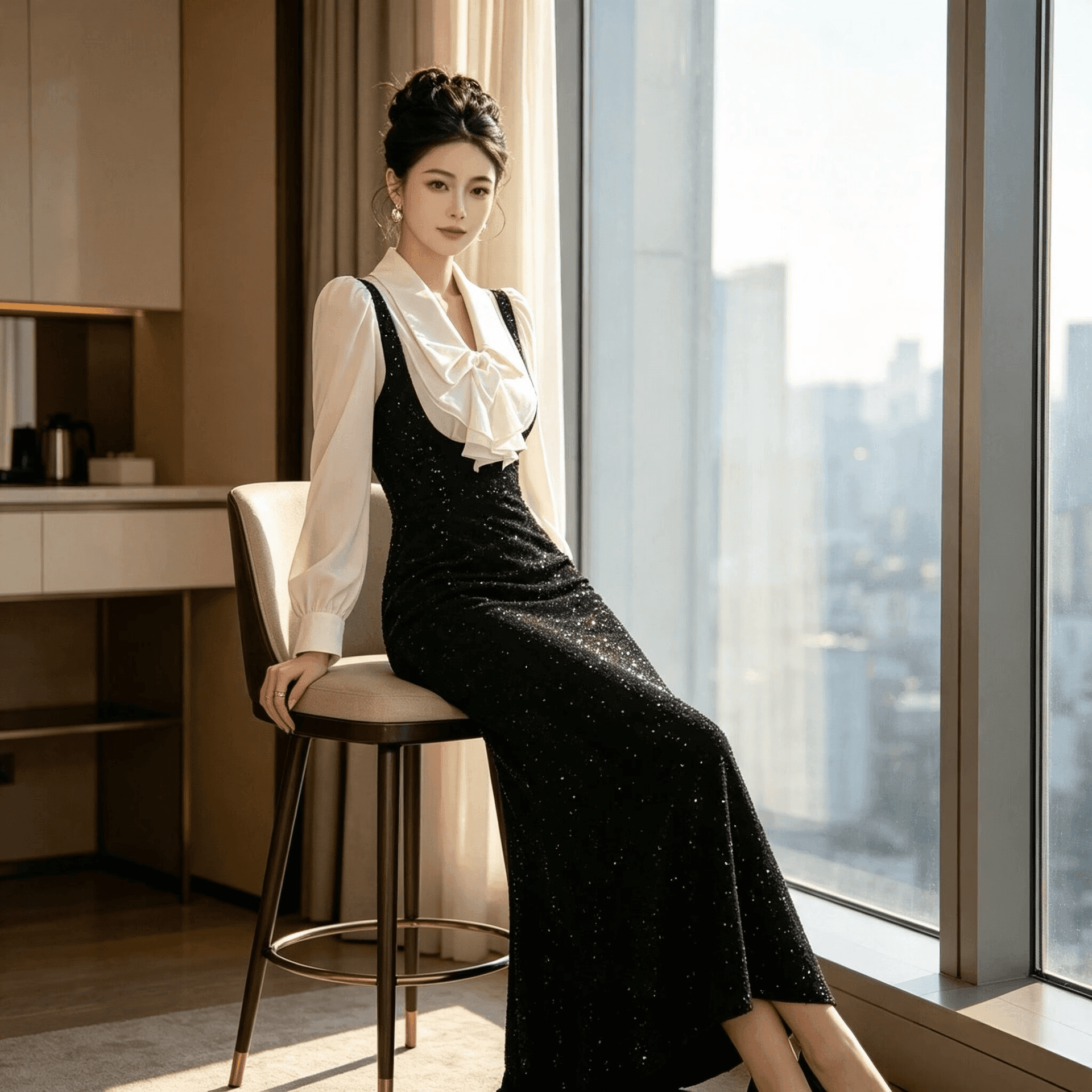광저우 품질 페이크 레이어드 셔츠 칼라 슬림해 보이는 긴팔 검정색 드레스 작은 키 봄 가을 2026 이미지 5