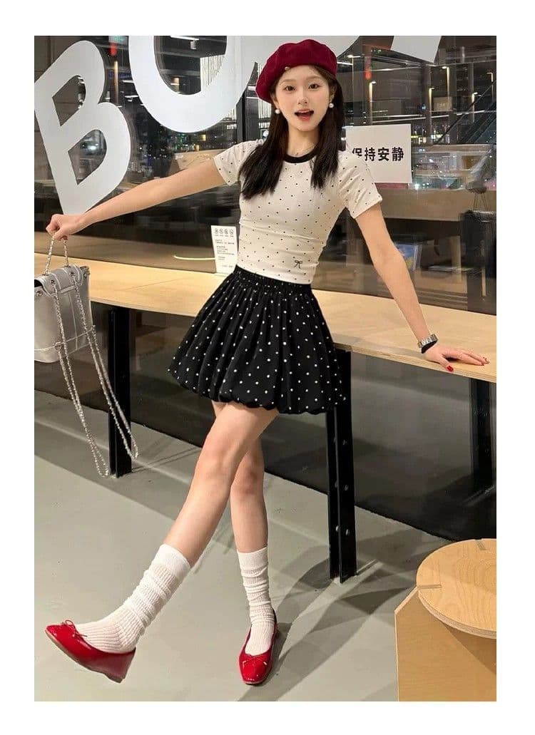 도트 무늬 꽃밭 밴딩 하이웨이스트 퍼프 미니 스커트 작은 키 연령 감소 달콤한 자매 바람 다용도 슬림해 보이는 a 단어 미니 스커트 상세 이미지 11