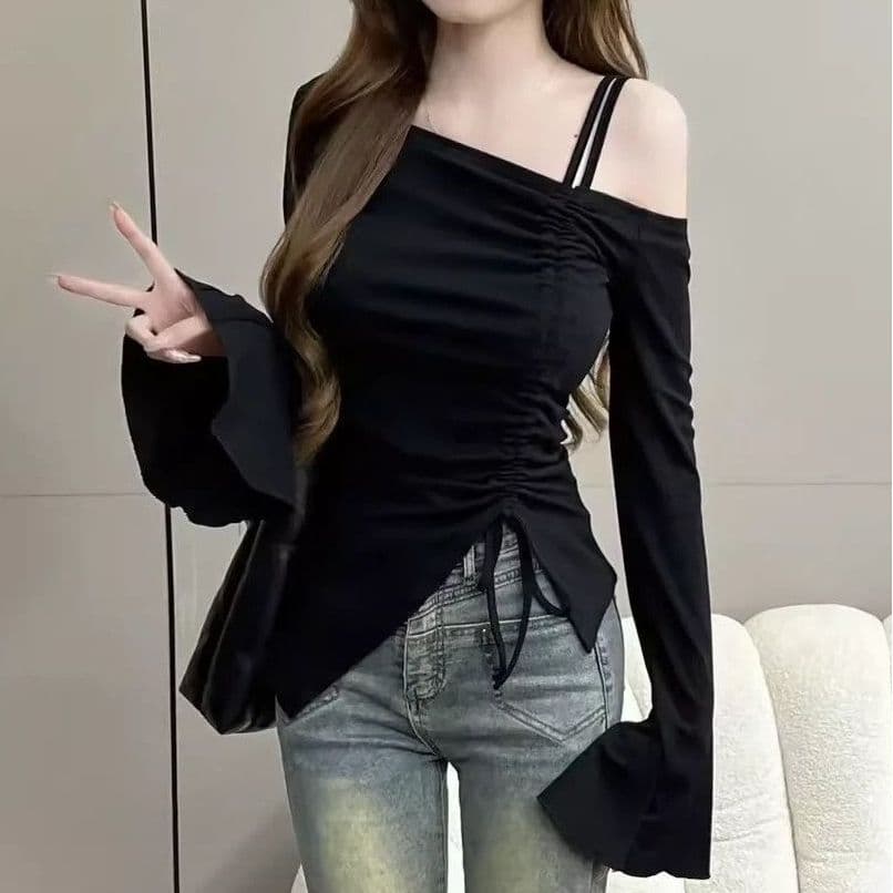 사람들 면 원단 순수한 욕망 나팔 소매 오프숄더 티셔츠 핫걸 불규칙 디자인 센스 만나는 펌프 로프 맨위 이미지 3