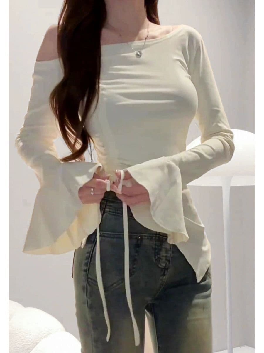 사람들 면 원단 순수한 욕망 나팔 소매 오프숄더 티셔츠 핫걸 불규칙 디자인 센스 만나는 펌프 로프 맨위 상세 이미지 5