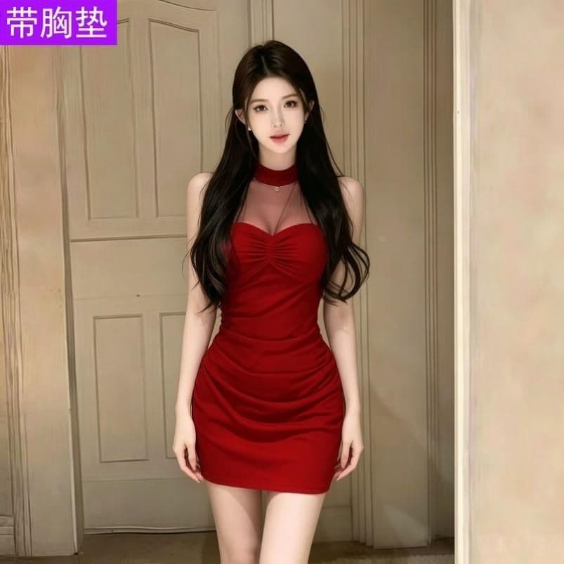 원본 품질 사람들 면 270 그램 핫걸 망사 패치워크 행침 목 여성 드레스 여름 섹시함 허리 수축 미니 스커트 이미지 4