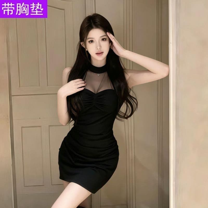 원본 품질 사람들 면 270 그램 핫걸 망사 패치워크 행침 목 여성 드레스 여름 섹시함 허리 수축 미니 스커트 이미지 5