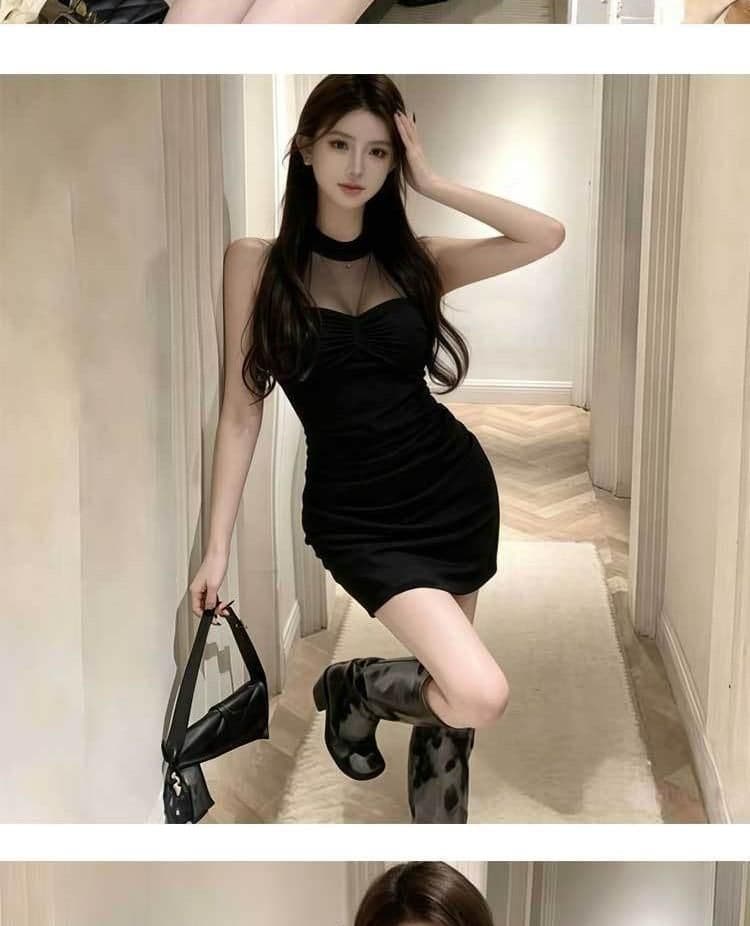 원본 품질 사람들 면 270 그램 핫걸 망사 패치워크 행침 목 여성 드레스 여름 섹시함 허리 수축 미니 스커트 상세 이미지 7