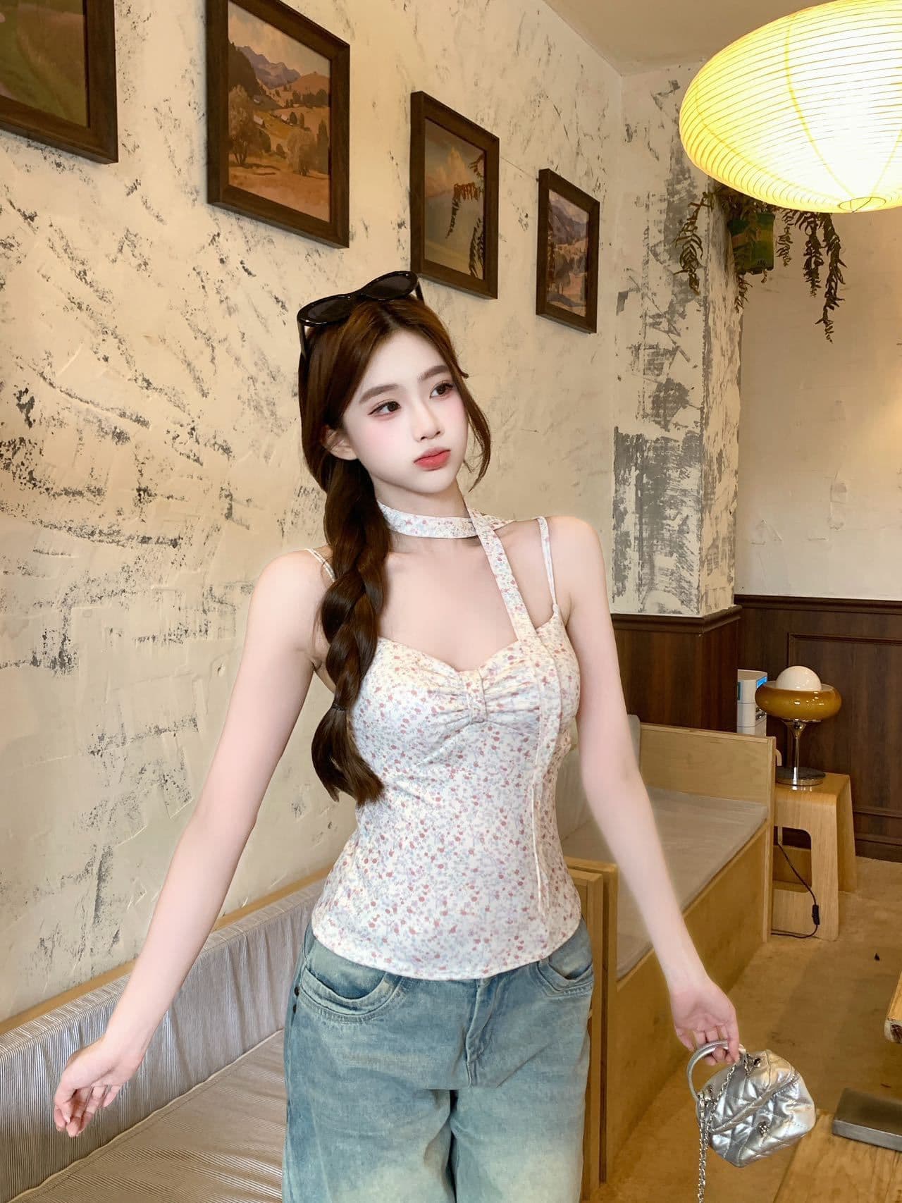 순수한 욕망 바람 꽃무늬 브래지어 하나 벨트 가슴 패드 조끼 슬립 여름 연령 감소 슬림해 보이는 핫걸 맨위 상세 이미지 10