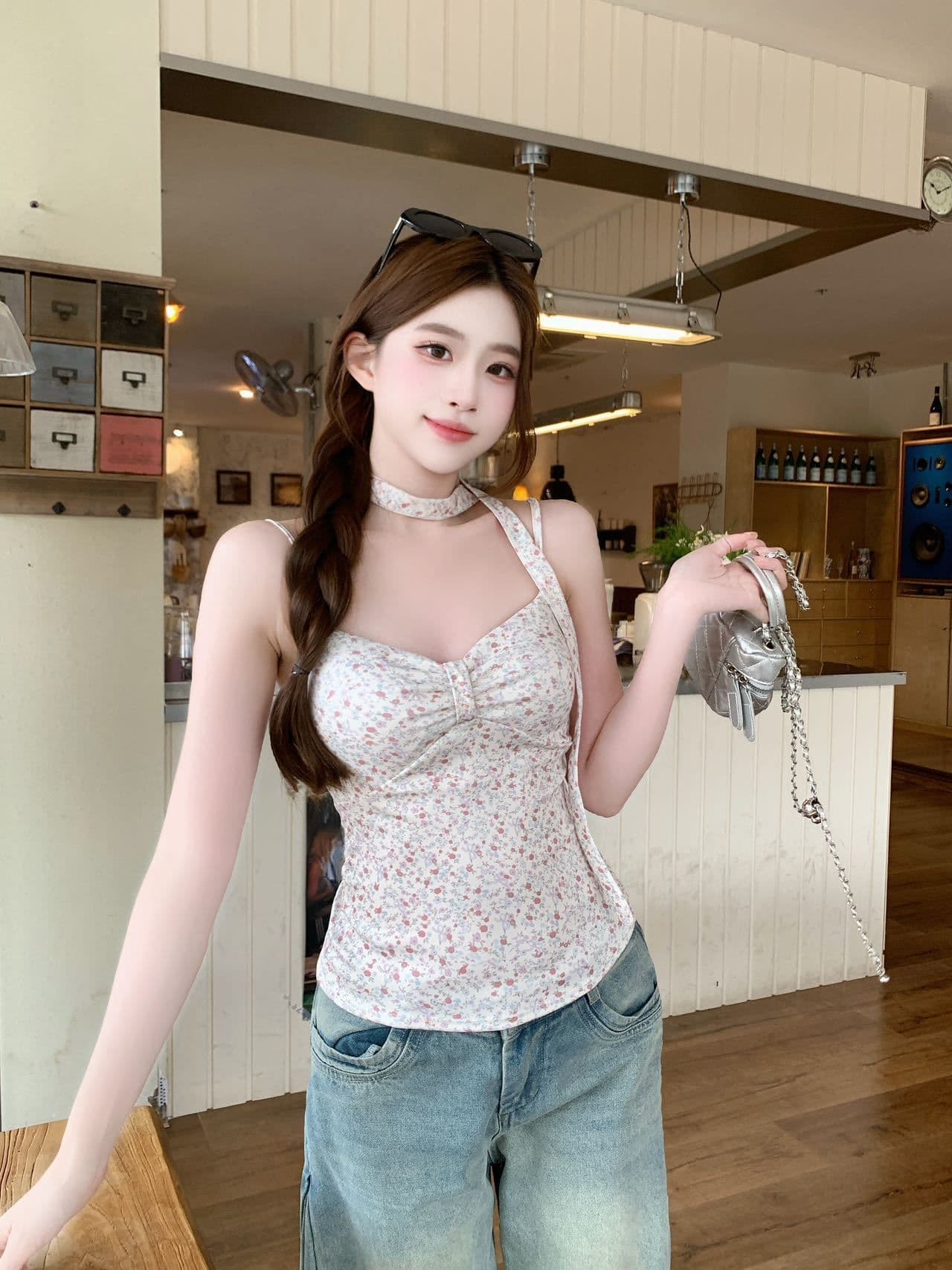 순수한 욕망 바람 꽃무늬 브래지어 하나 벨트 가슴 패드 조끼 슬립 여름 연령 감소 슬림해 보이는 핫걸 맨위 상세 이미지 12