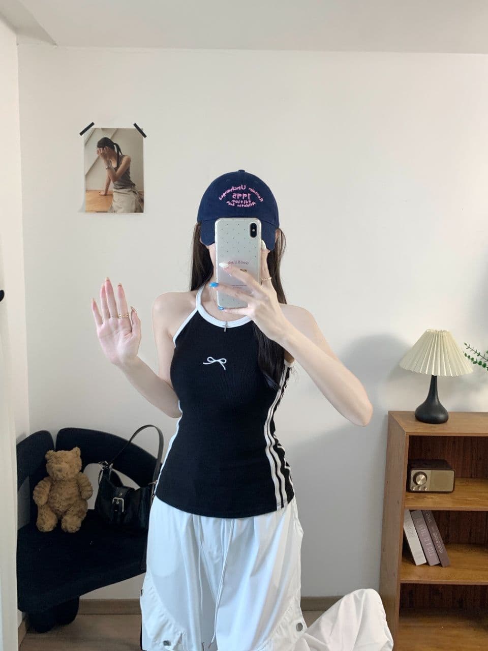 핫걸 스트라이프 캐미솔 여름 인사이드 가져 가라. 몸매 가꾸기 자수 나비 매듭 슬림해 보이는 민소매 맨위 상세 이미지 5