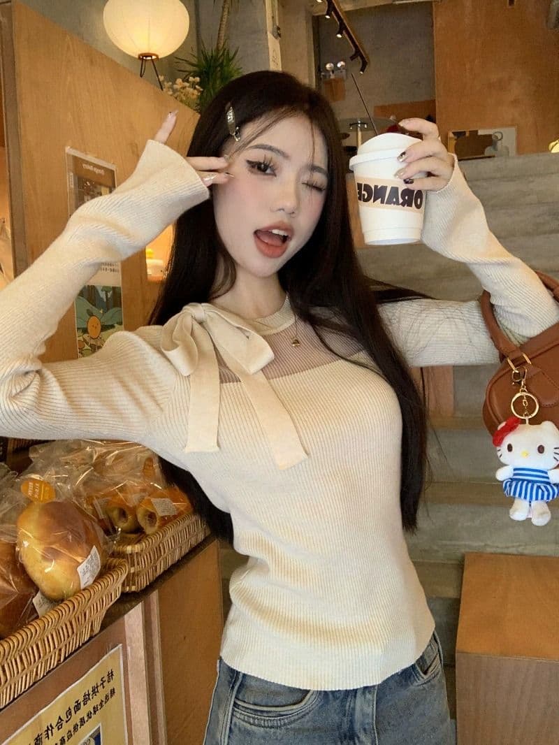 스트랩 나비 매듭 긴팔 스웨터 니트 스웨터 여성 가을 순수한 욕망 몸매 가꾸기 슬림해 보이는 쇼트 스타일 인사이드 가져 가라. 기본 셔츠 맨위 상세 이미지 5