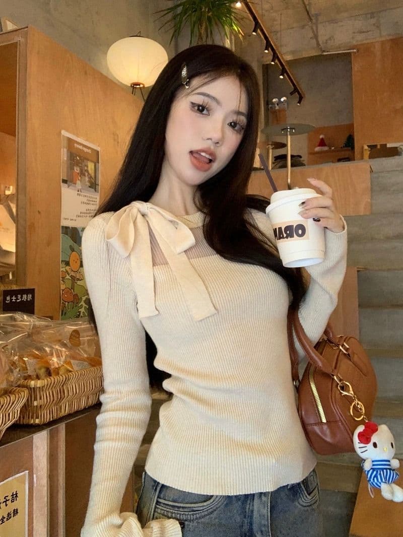 스트랩 나비 매듭 긴팔 스웨터 니트 스웨터 여성 가을 순수한 욕망 몸매 가꾸기 슬림해 보이는 쇼트 스타일 인사이드 가져 가라. 기본 셔츠 맨위 상세 이미지 6